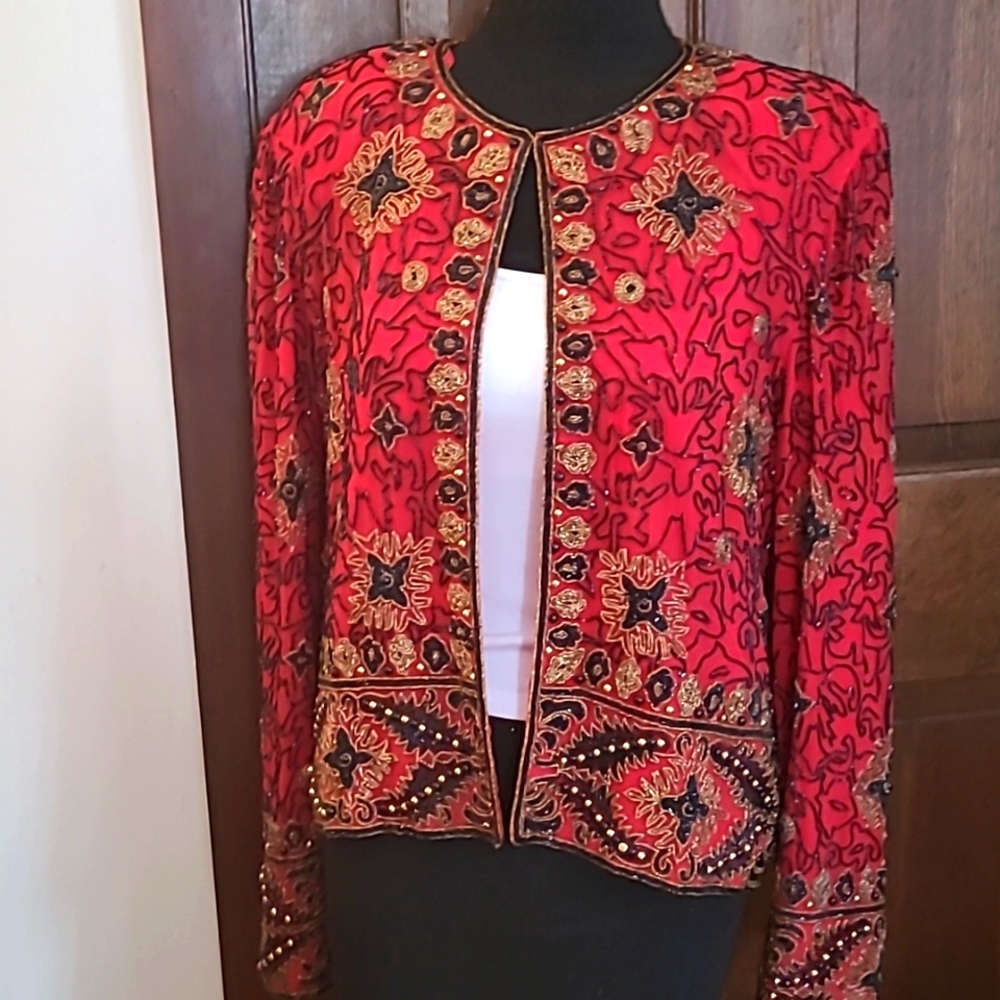 Adrianna Papell Red Evening BEADED jacket Vintage 1994 GC